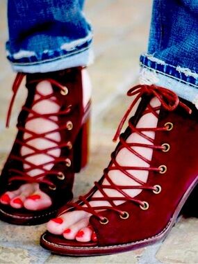 Jeffery Campbell Cors Red Suede Lace Up Heeled Booties, NEW